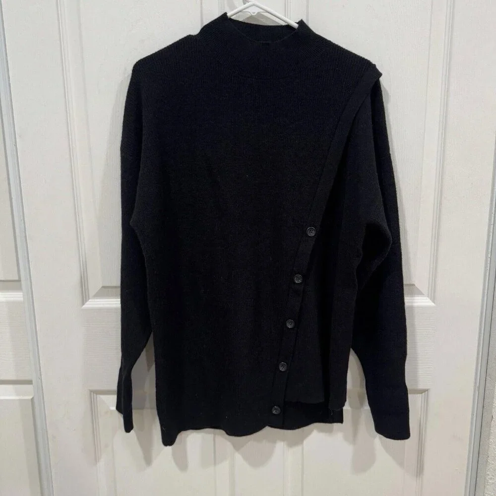 Halogen Women's Medium M Asymmetric Button‎ Mock Neck Stitch Mix Sweater Black